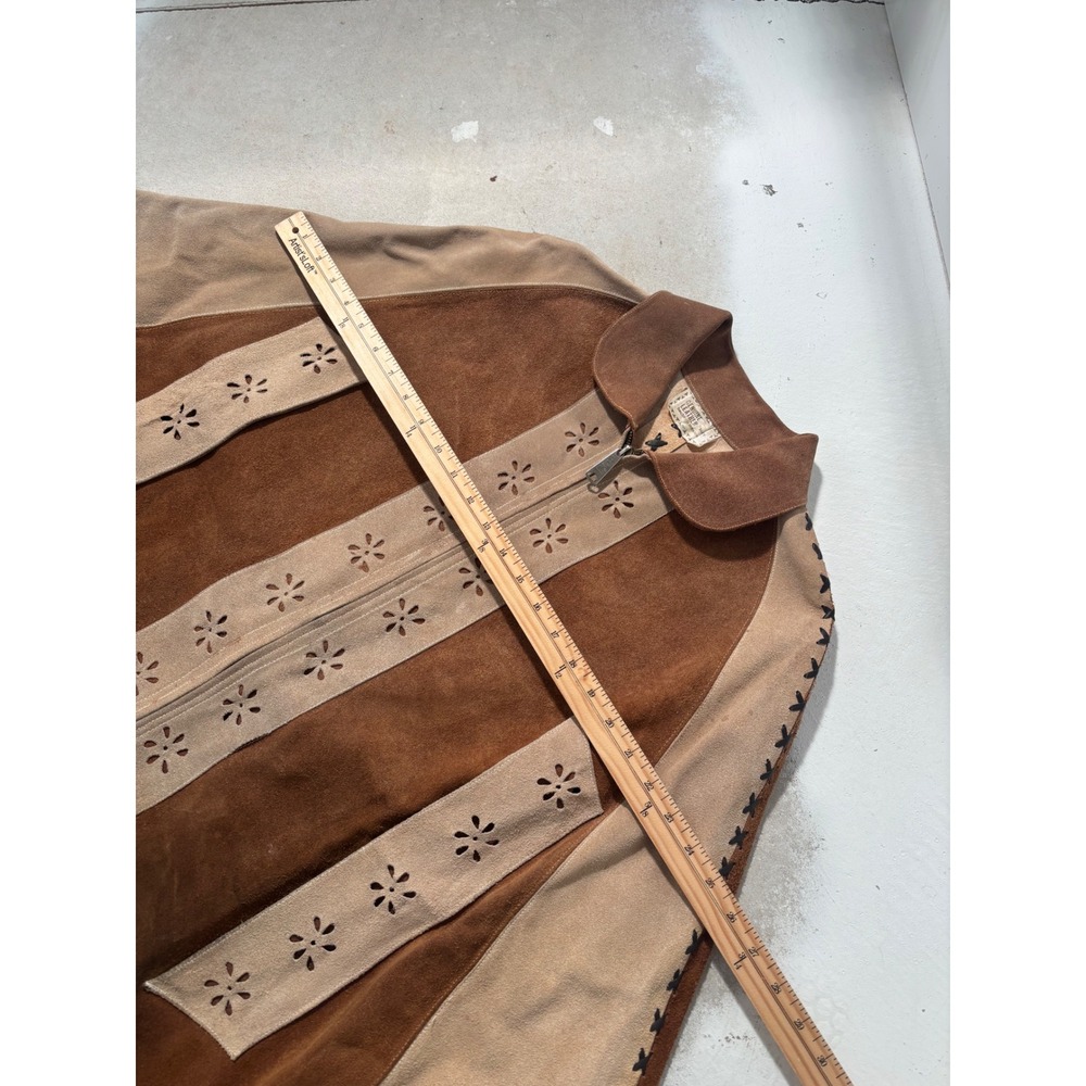 Vintage Suede Leather Fringe Poncho Cape Mexico Floral Cutout Brown Boho M L - Picture 6 of 8